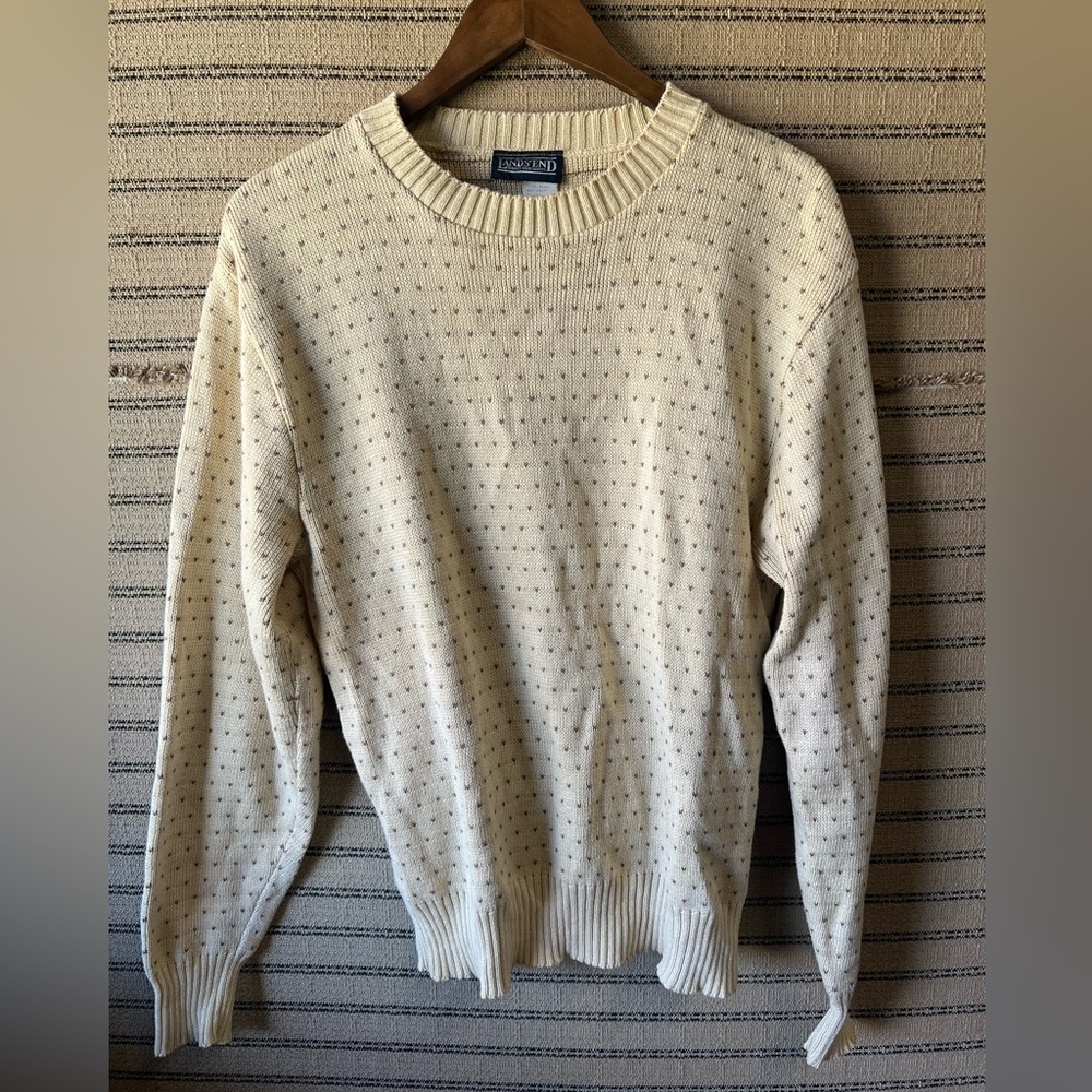 Lands' End Cream Crewneck Sweater with Brown Hearts